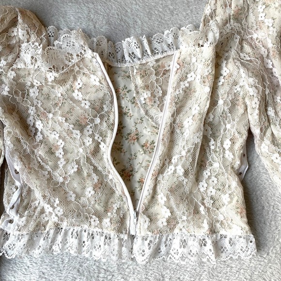Ditsy Floral Lace Overlay Milkmaid Corset Blouse Top Women XL Cream Romantic - Picture 5 of 8